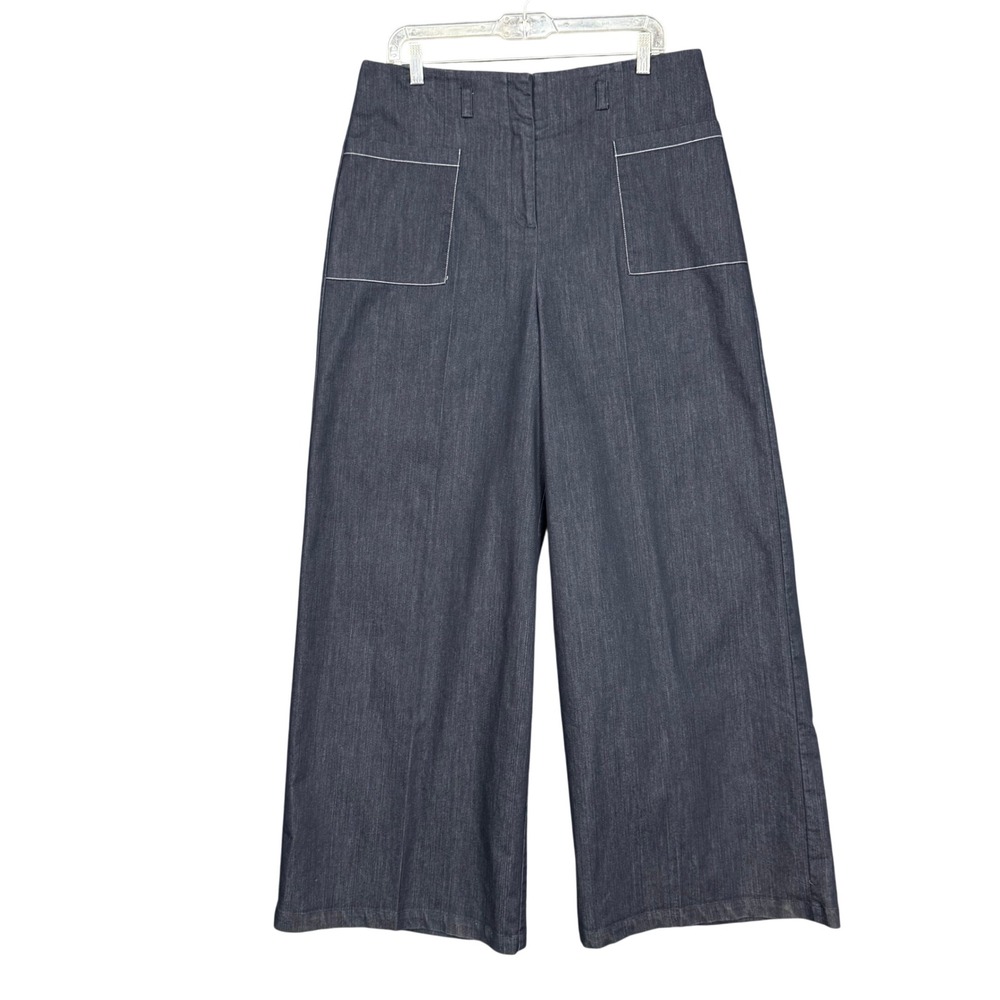 NY&C Wide Leg Trouser Jeans Womens Large Blue Denim High Rise Contrast Stitch